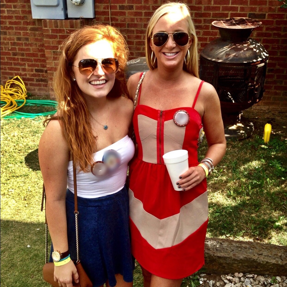 C. luce orange and tan dress